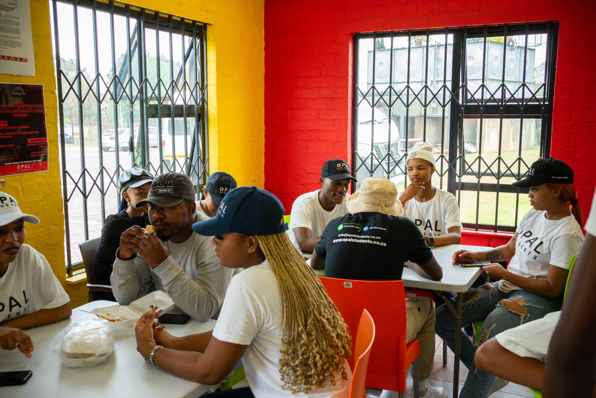 Students gathered in the communal dining and study room