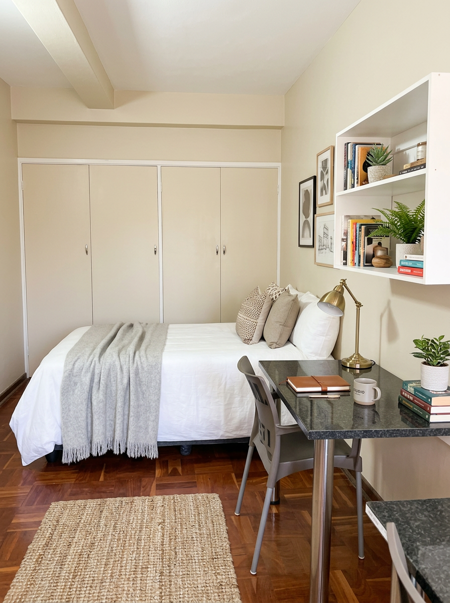Styled single room at Primula House with bed, study desk, shelving and rug