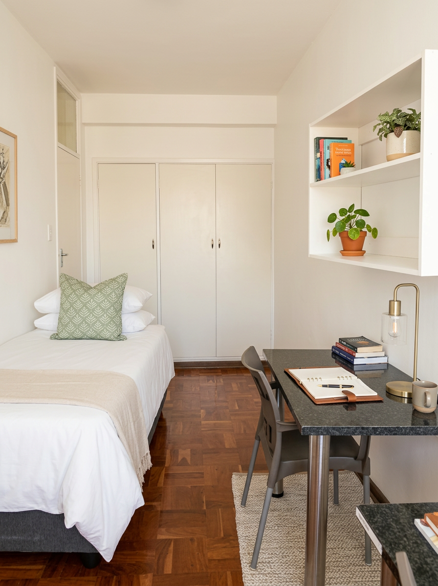 Furnished student bedroom at Primula House with study desk and shelving